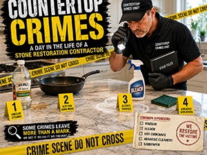 Infographic 'Countertop Crimes' showing a stone restoration contractor at a workbench with four numbered tips and a list of common offenders.